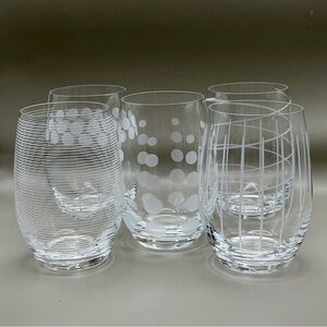 Mikasa Cheers Stemless Wine Glasses - Set of 5 Assorted Etched Crystal -‎ Mint